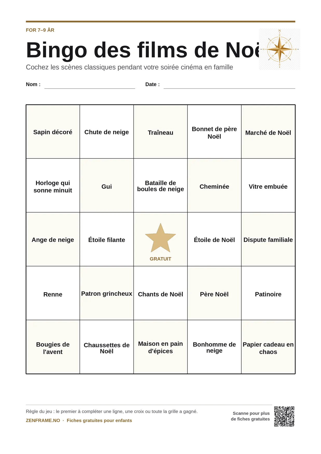Bingo des films de Noël pour enfants 7–9 ans – planche A4 gratuite à imprimer
