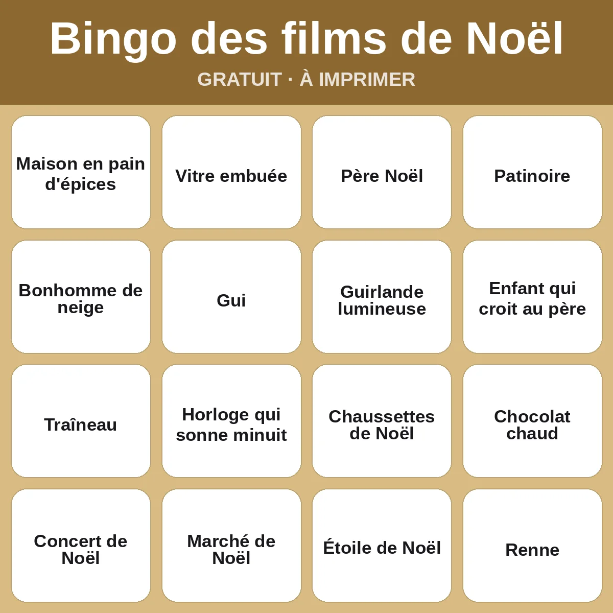 Bingo des films de Noël – bingo gratuit à imprimer pour enfants