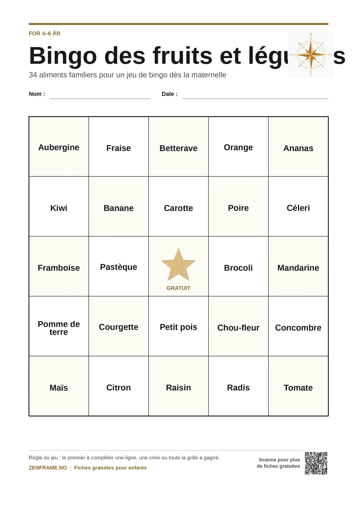 Bingo des fruits et légumes pour enfants 4–6 ans – planche A4 gratuite à imprimer