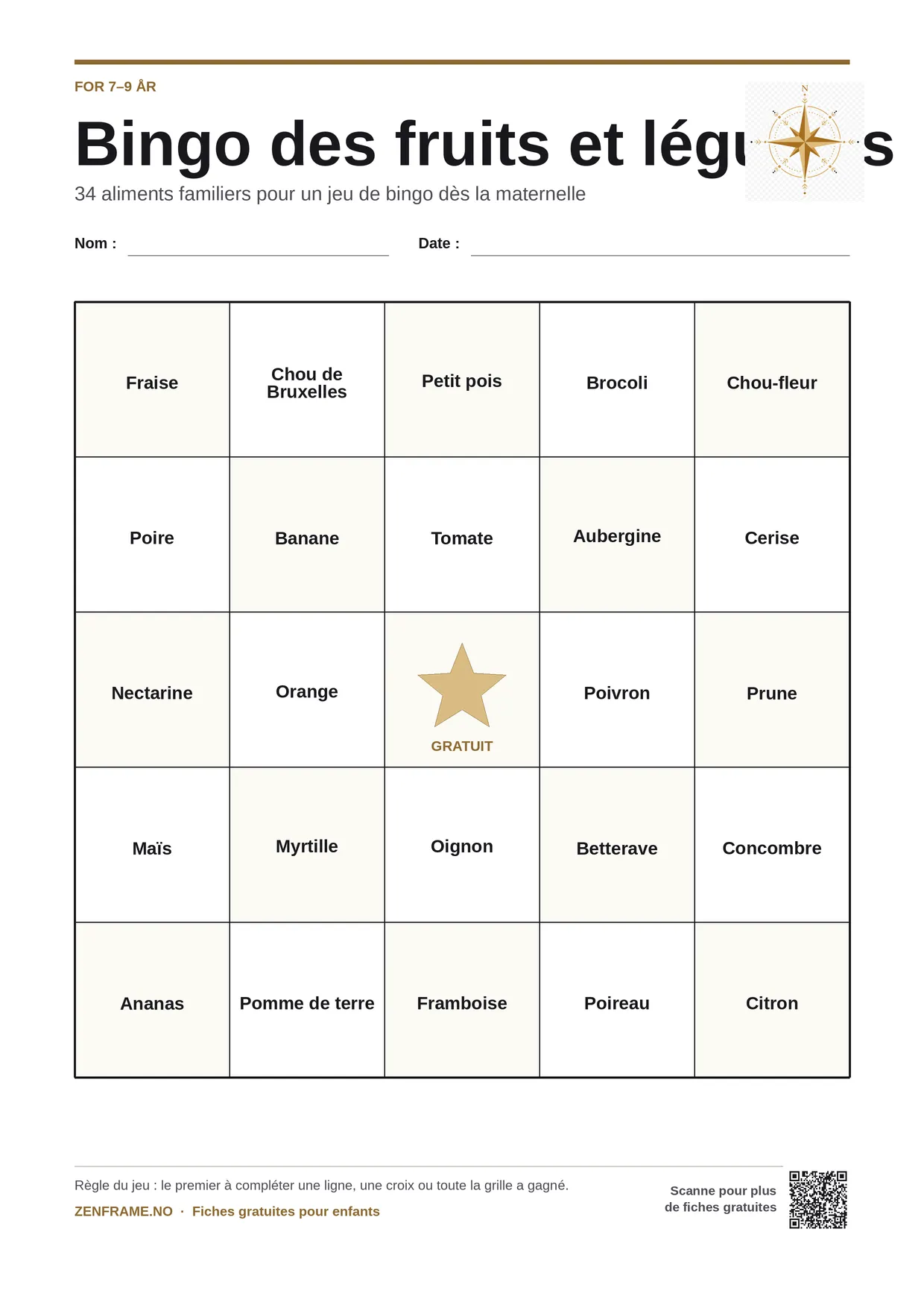 Bingo des fruits et légumes pour enfants 7–9 ans – planche A4 gratuite à imprimer