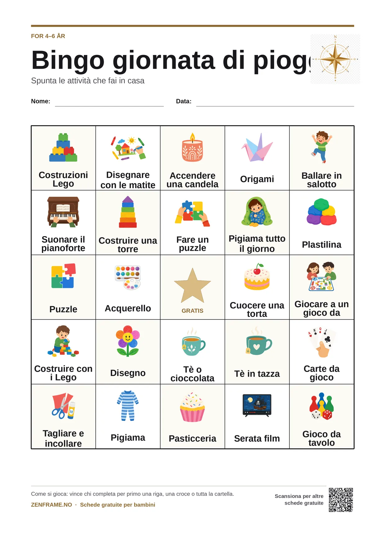 Bingo giornata di pioggia per bambini 4–6 anni – cartella A4 gratis da stampare