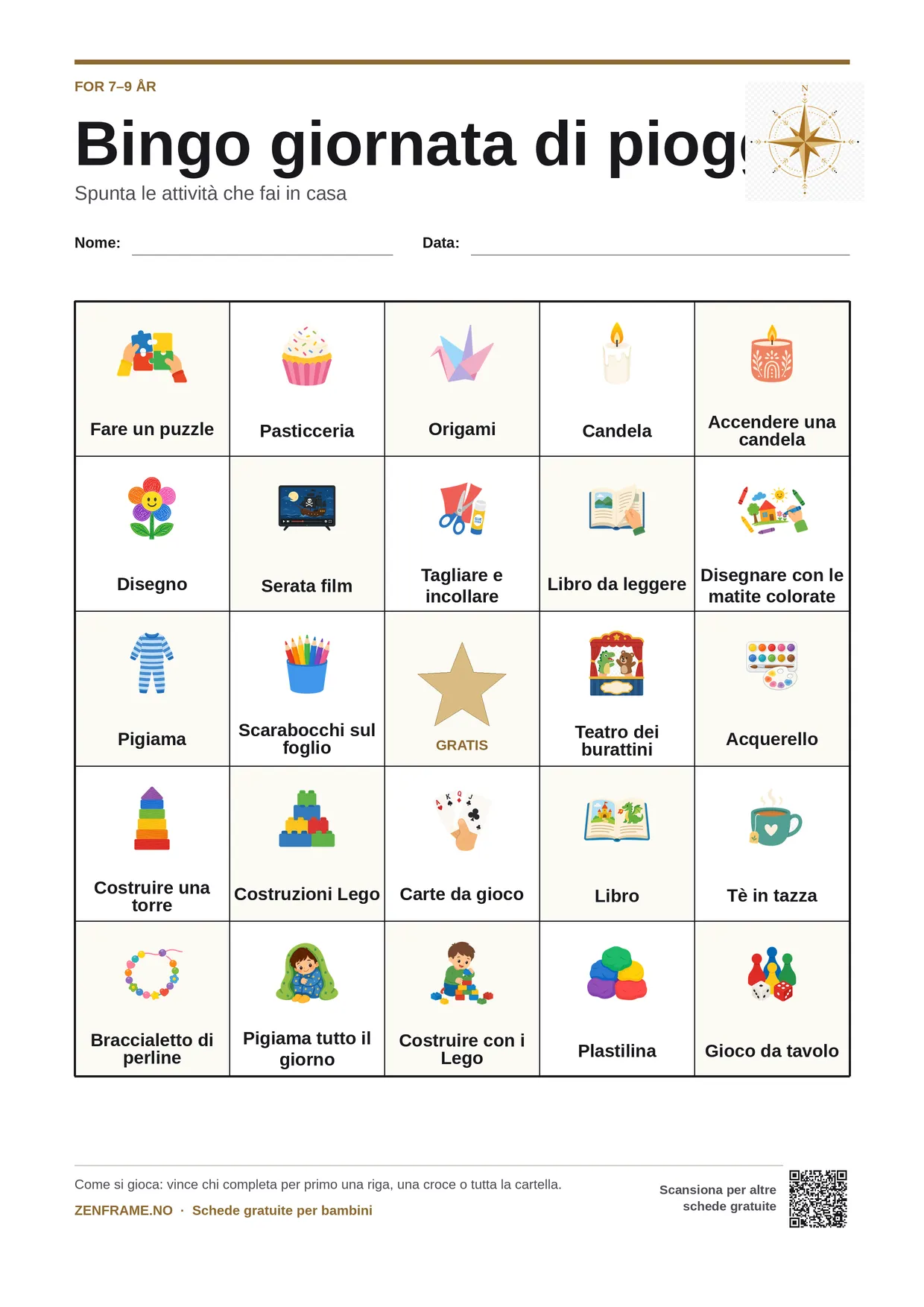 Bingo giornata di pioggia per bambini 7–9 anni – cartella A4 gratis da stampare
