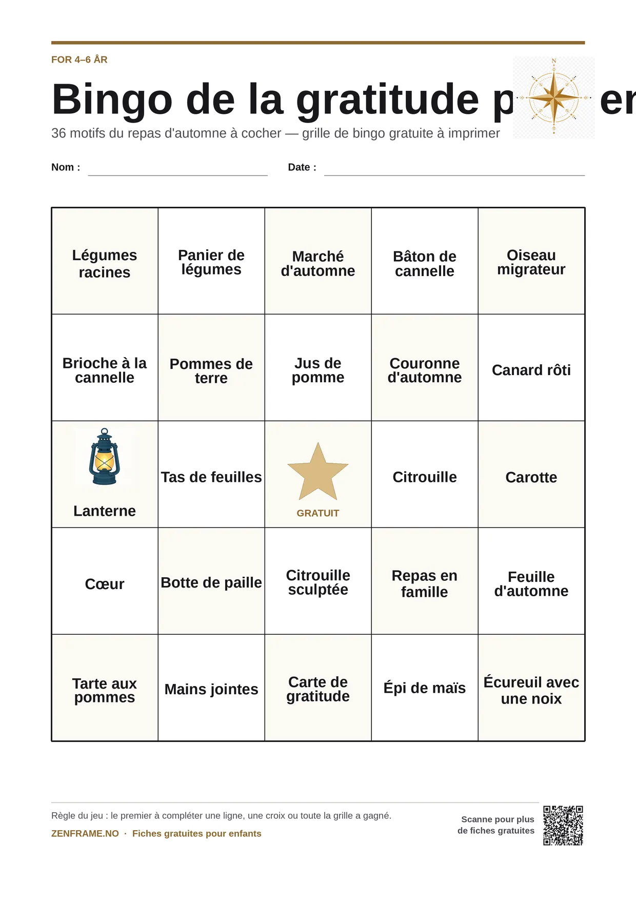 Bingo de la gratitude pour enfants 4–6 ans – planche A4 gratuite à imprimer
