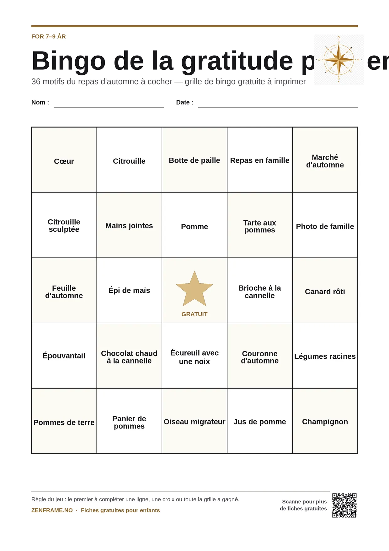 Bingo de la gratitude pour enfants 7–9 ans – planche A4 gratuite à imprimer