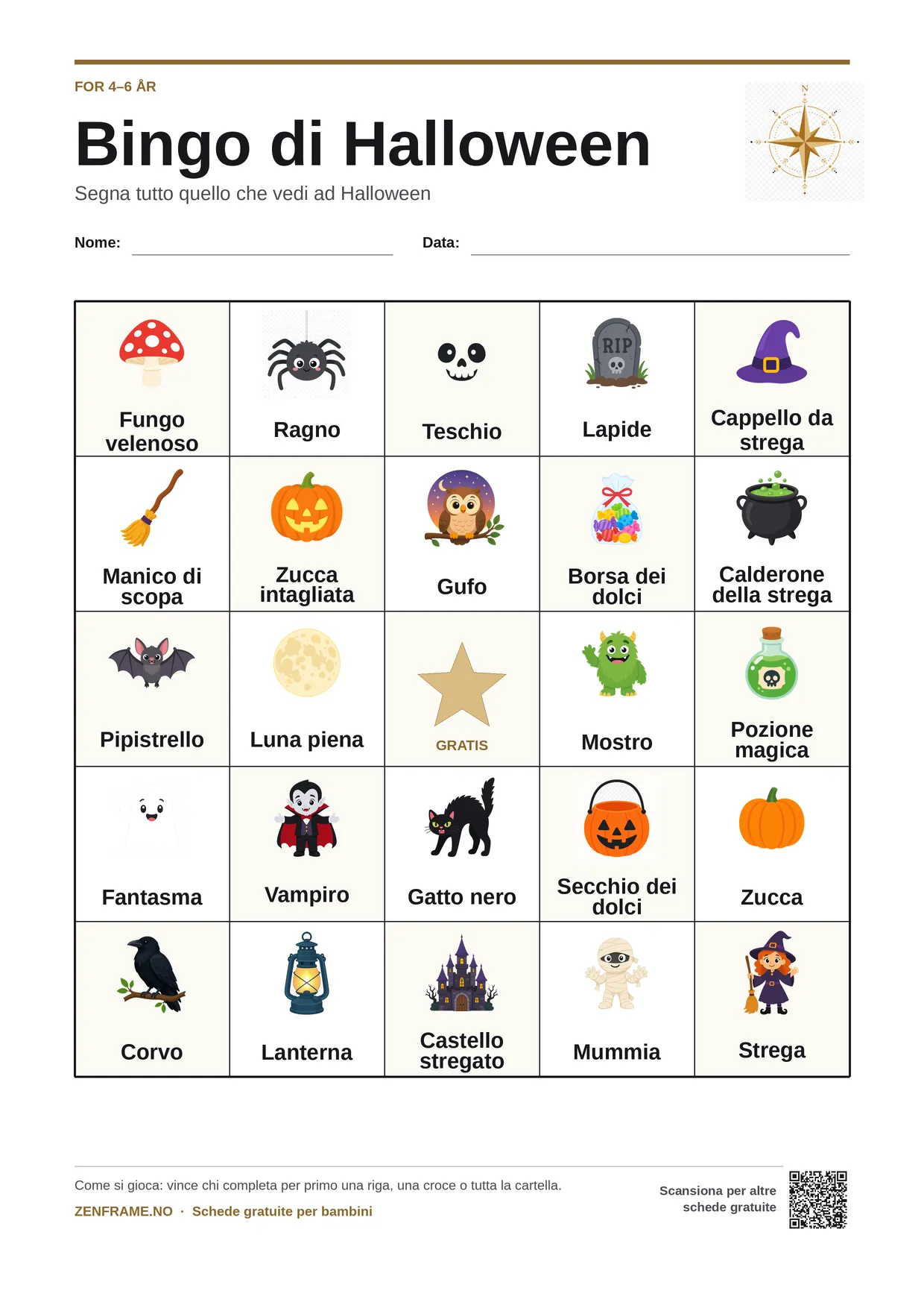 Bingo di Halloween per bambini 4–6 anni – cartella A4 gratis da stampare
