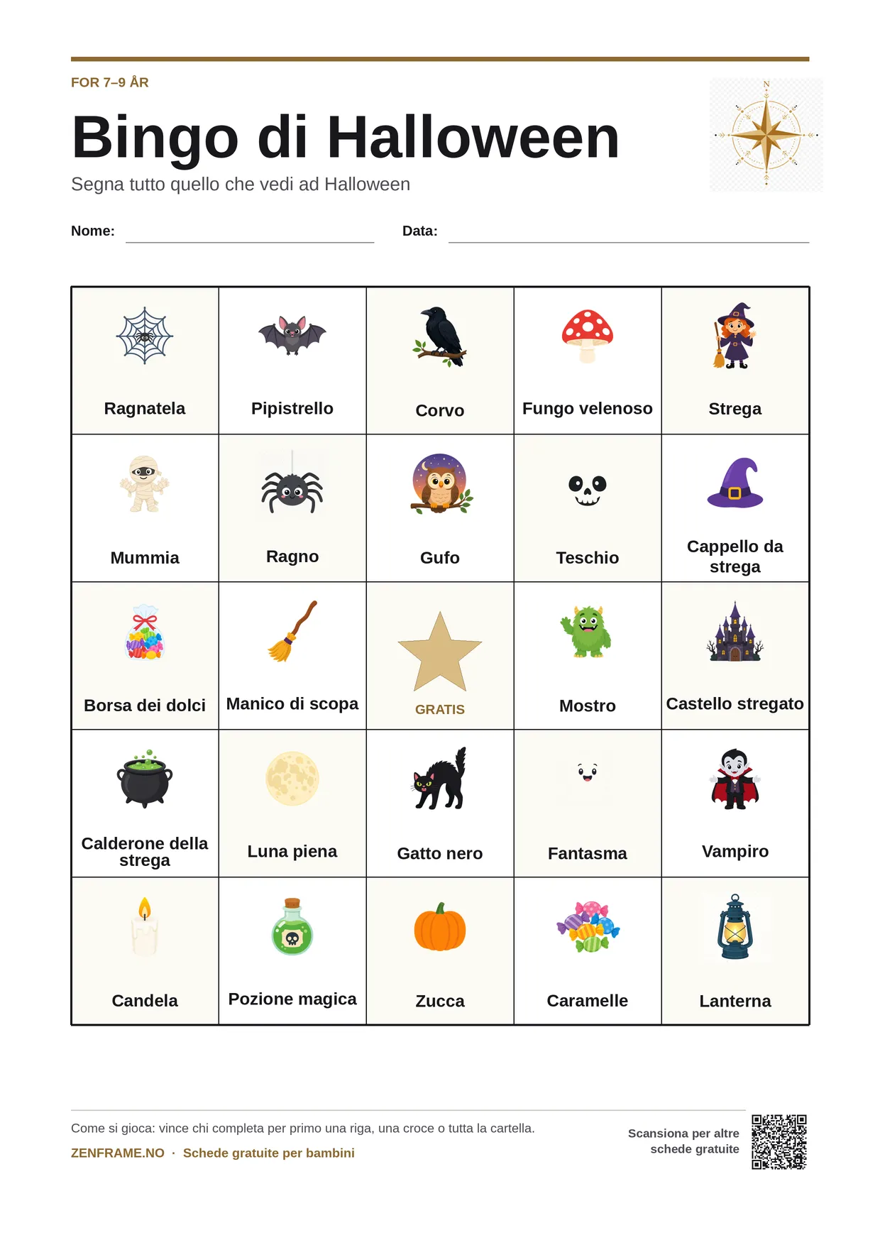 Bingo di Halloween per bambini 7–9 anni – cartella A4 gratis da stampare