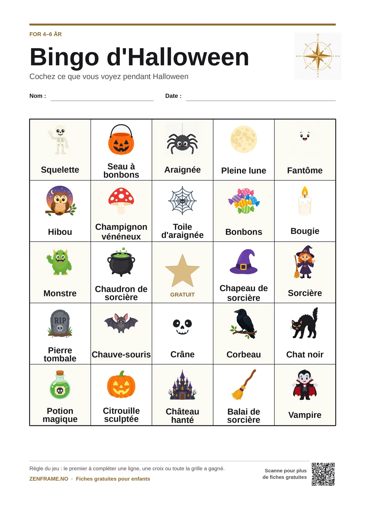Bingo d'Halloween pour enfants 4–6 ans – planche A4 gratuite à imprimer