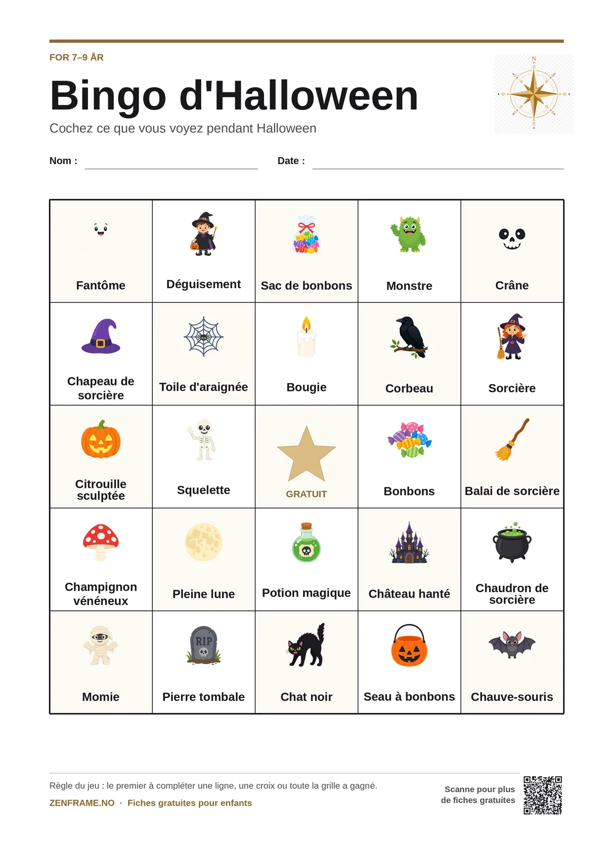 Bingo d'Halloween pour enfants 7–9 ans – planche A4 gratuite à imprimer