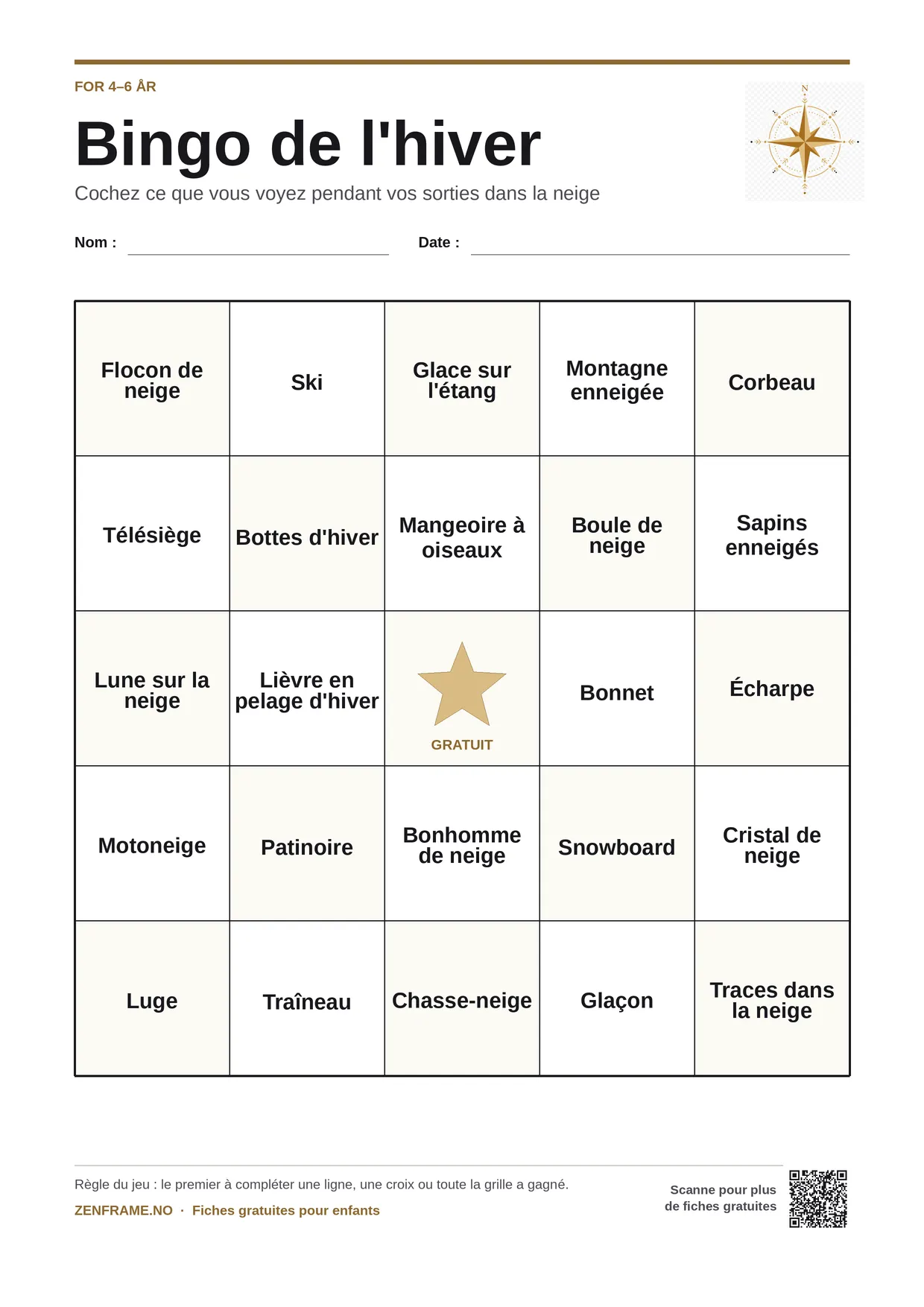 Bingo de l'hiver pour enfants 4–6 ans – planche A4 gratuite à imprimer