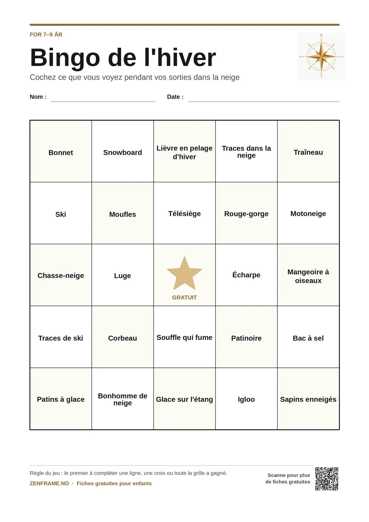 Bingo de l'hiver pour enfants 7–9 ans – planche A4 gratuite à imprimer