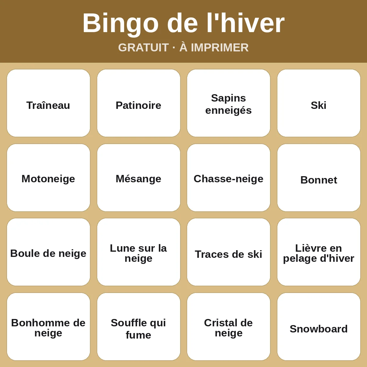 Bingo de l'hiver – bingo gratuit à imprimer pour enfants