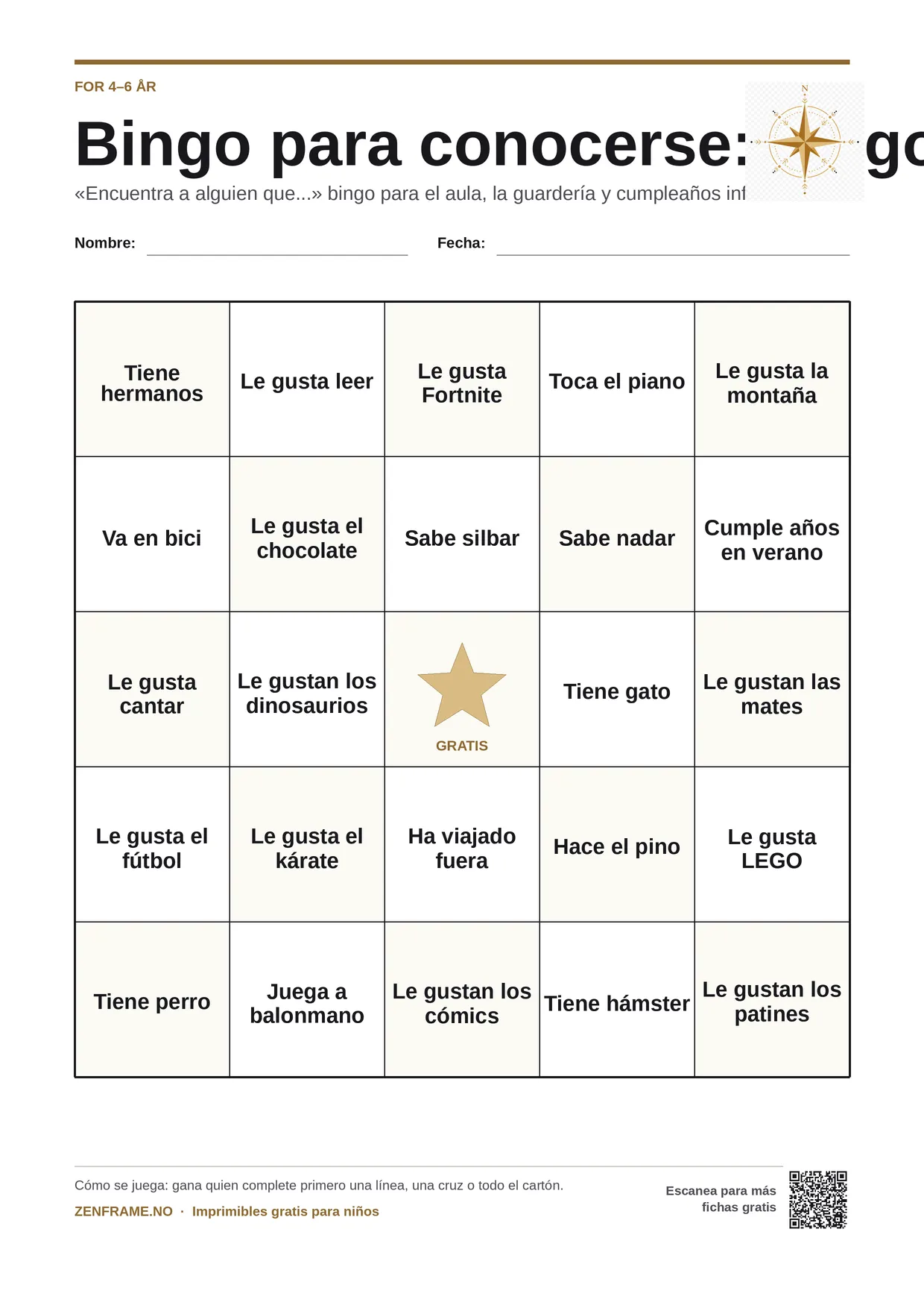 Bingo para conocerse: bingo humano para niños 4–6 años – tablero A4 gratis para imprimir