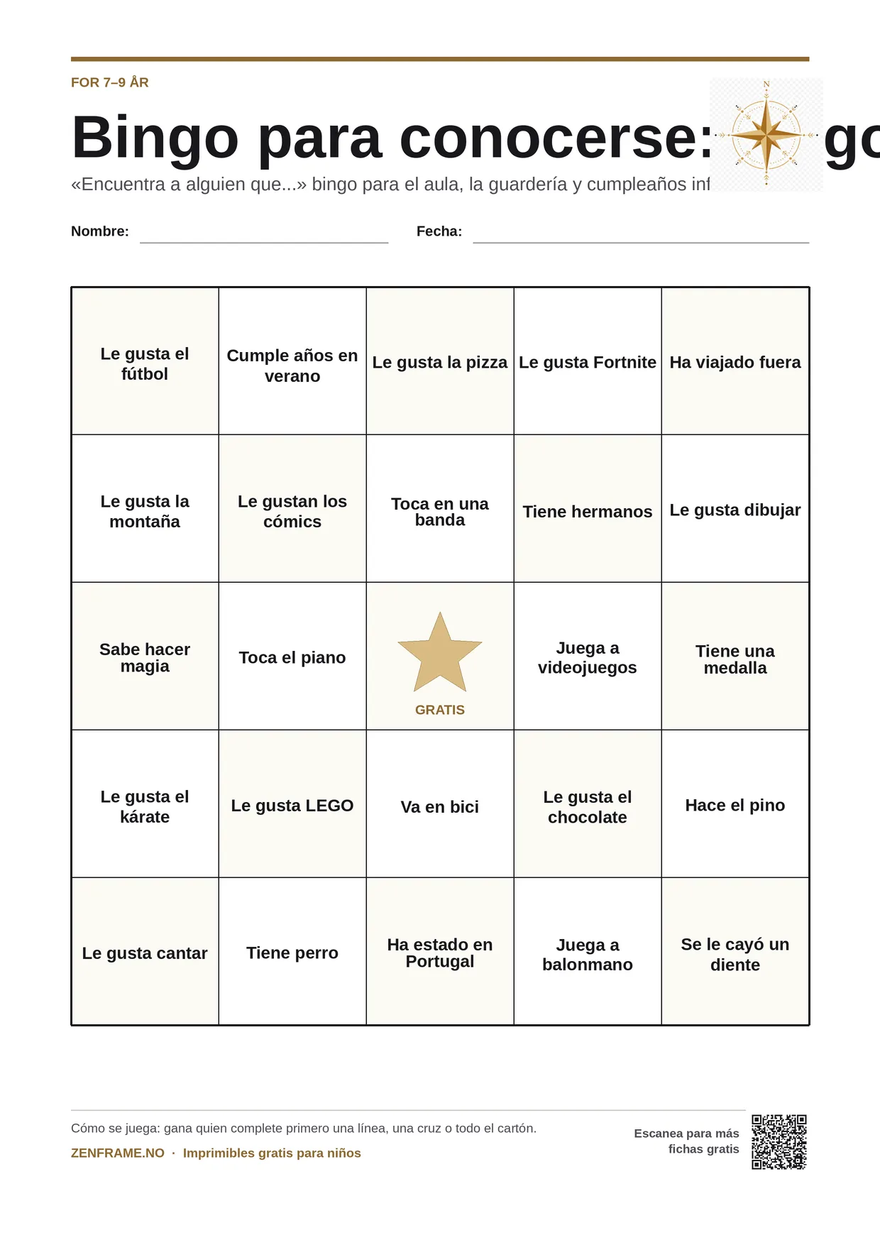 Bingo para conocerse: bingo humano para niños 7–9 años – tablero A4 gratis para imprimir