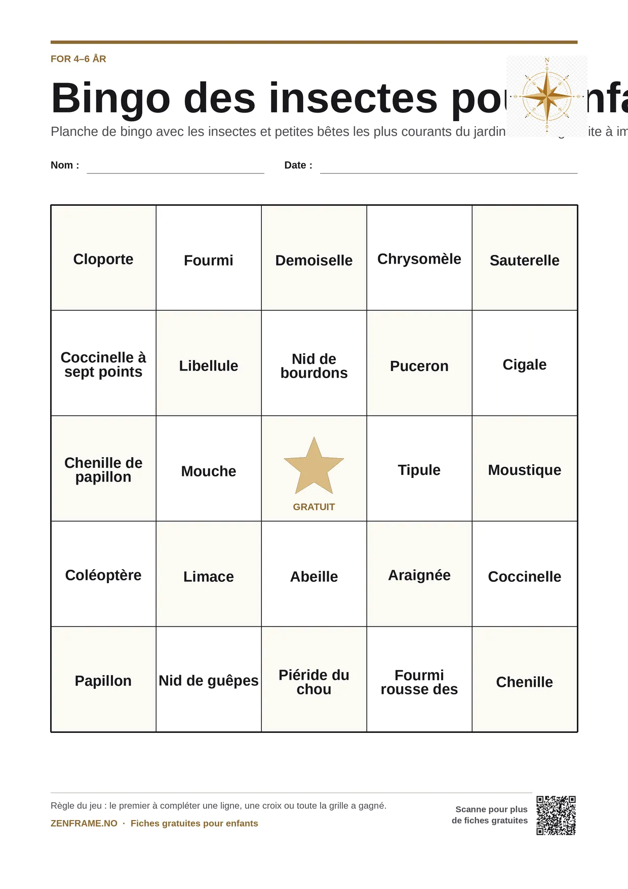 Bingo des insectes pour enfants 4–6 ans – planche A4 gratuite à imprimer