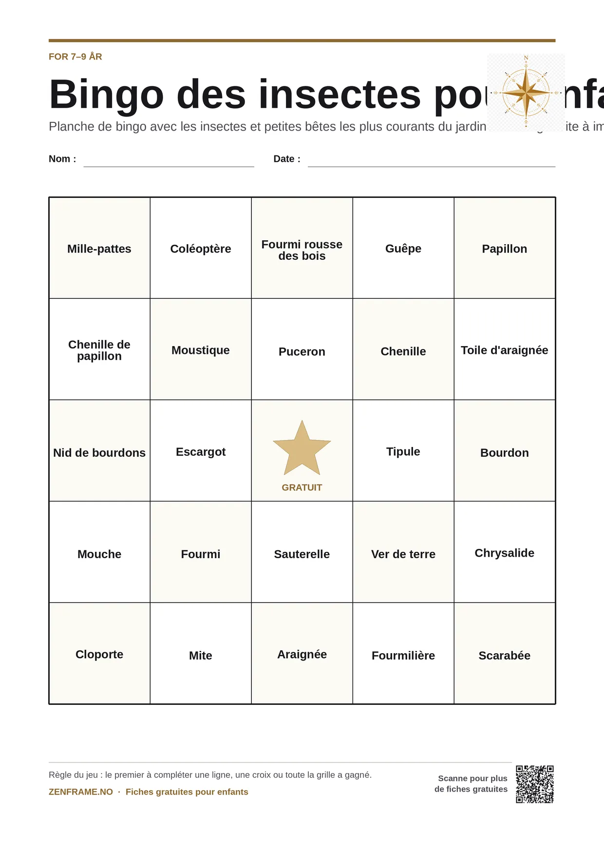 Bingo des insectes pour enfants 7–9 ans – planche A4 gratuite à imprimer