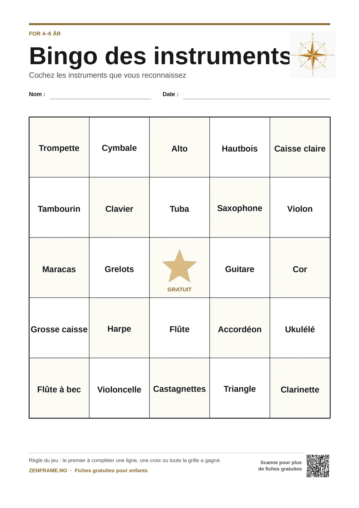 Bingo des instruments pour enfants 4–6 ans – planche A4 gratuite à imprimer