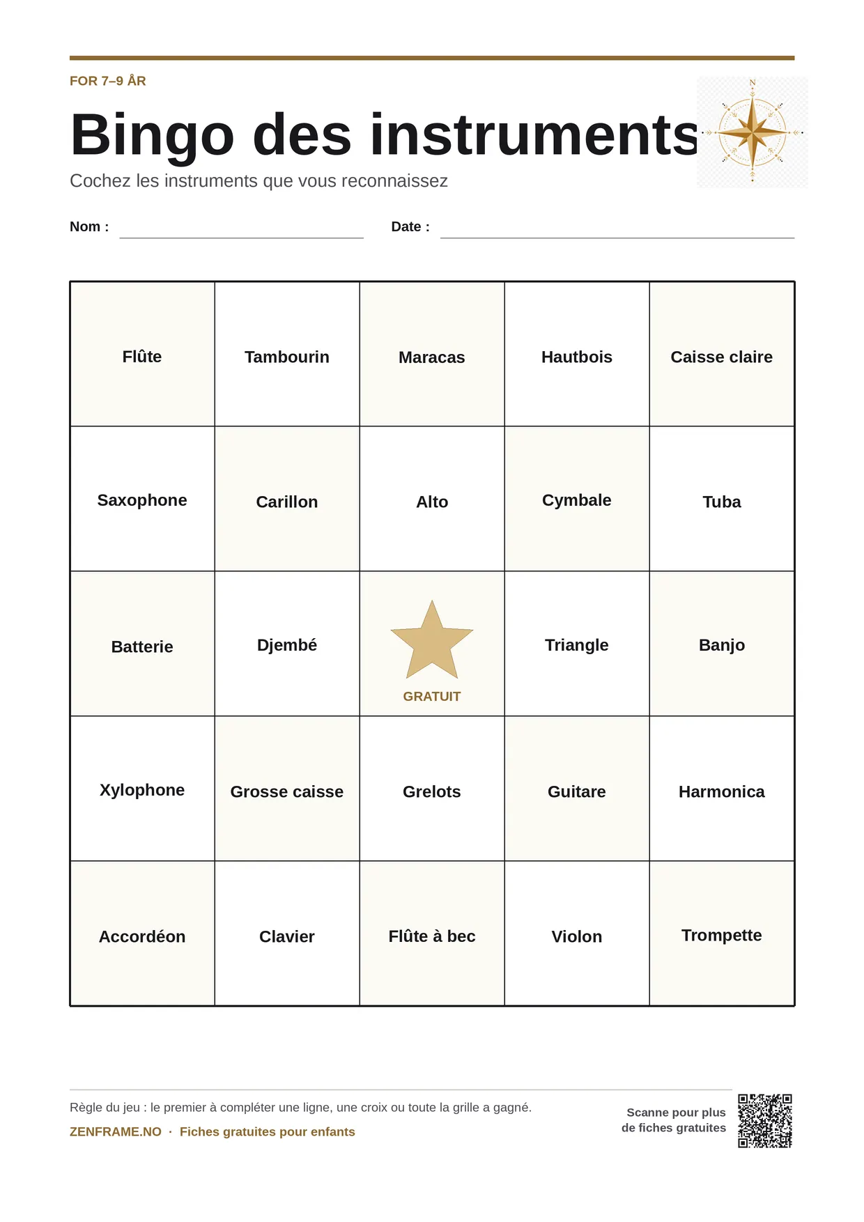 Bingo des instruments pour enfants 7–9 ans – planche A4 gratuite à imprimer