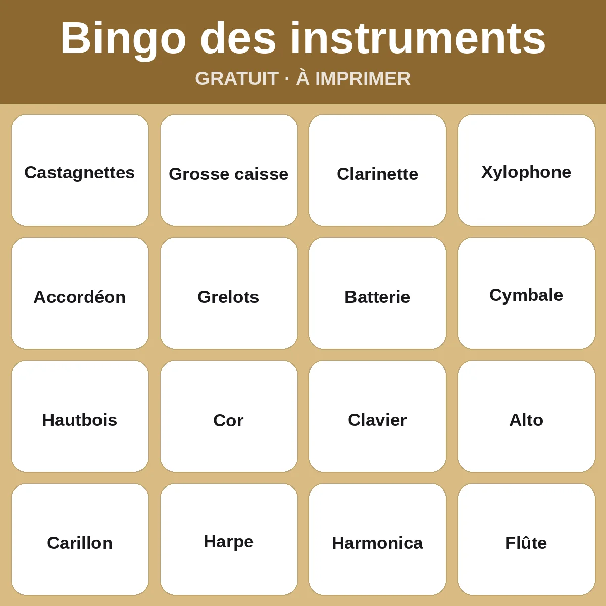 Bingo des instruments – bingo gratuit à imprimer pour enfants