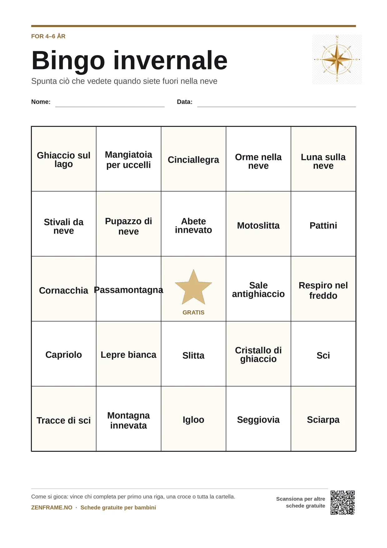 Bingo invernale per bambini 4–6 anni – cartella A4 gratis da stampare