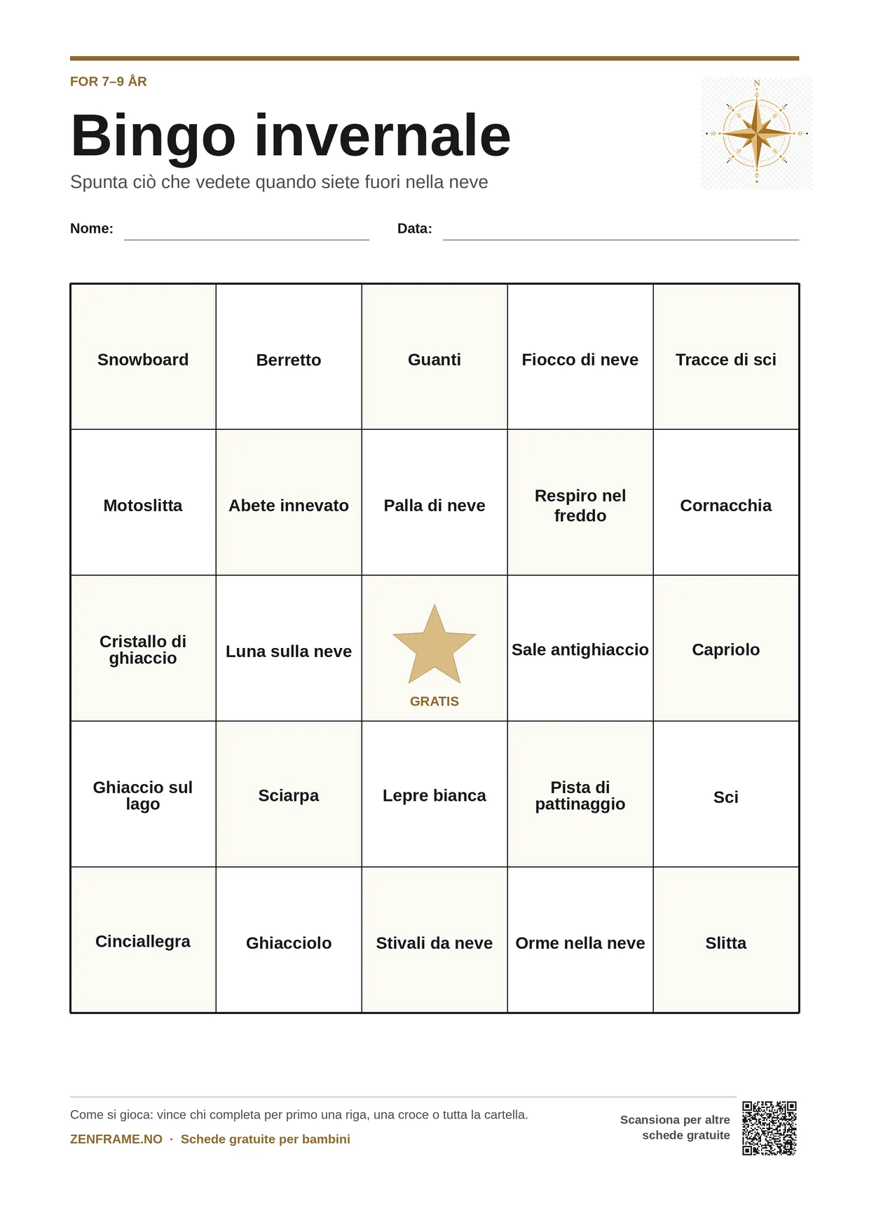 Bingo invernale per bambini 7–9 anni – cartella A4 gratis da stampare