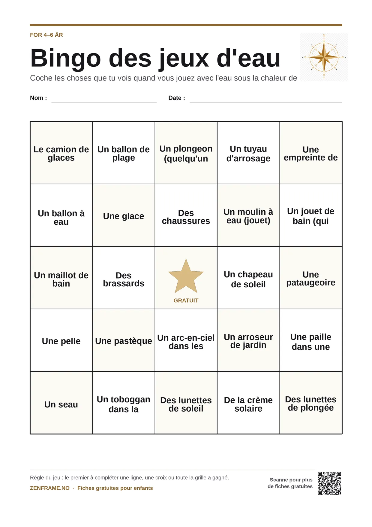 Bingo des jeux d'eau pour enfants 4–6 ans – planche A4 gratuite à imprimer