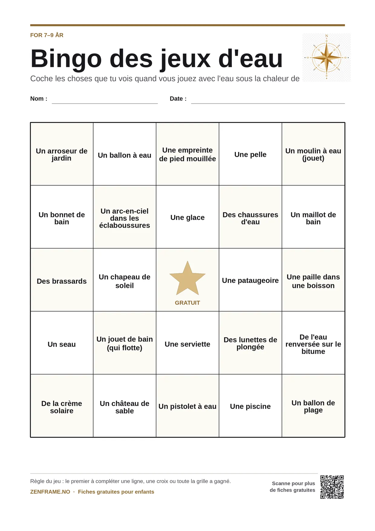 Bingo des jeux d'eau pour enfants 7–9 ans – planche A4 gratuite à imprimer