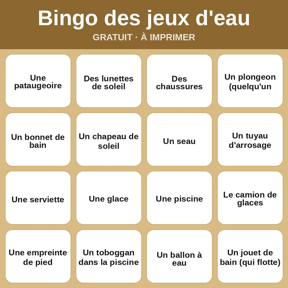 Bingo des jeux d'eau – bingo gratuit à imprimer pour enfants