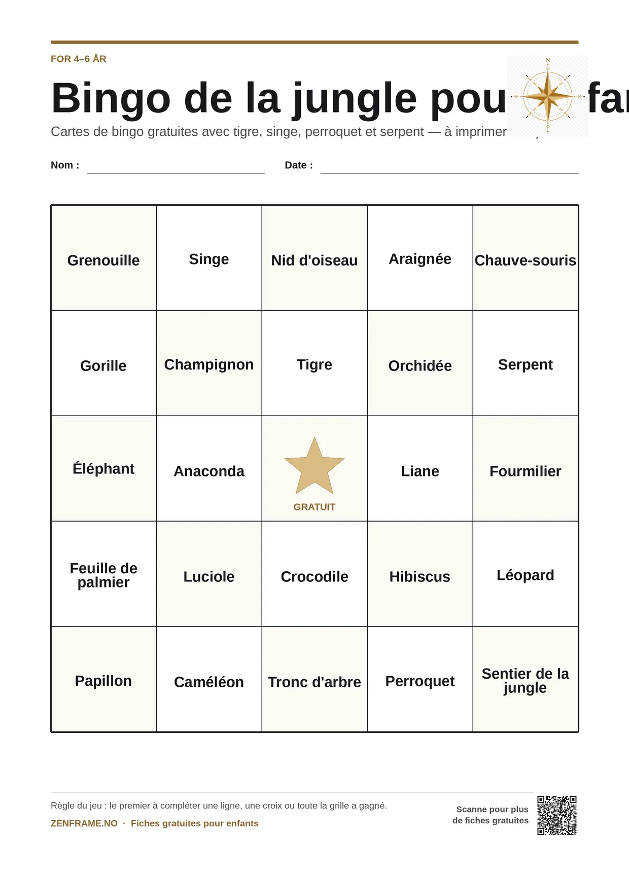 Bingo de la jungle pour enfants 4–6 ans – planche A4 gratuite à imprimer
