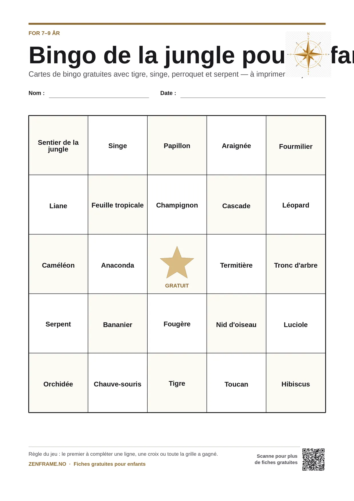 Bingo de la jungle pour enfants 7–9 ans – planche A4 gratuite à imprimer