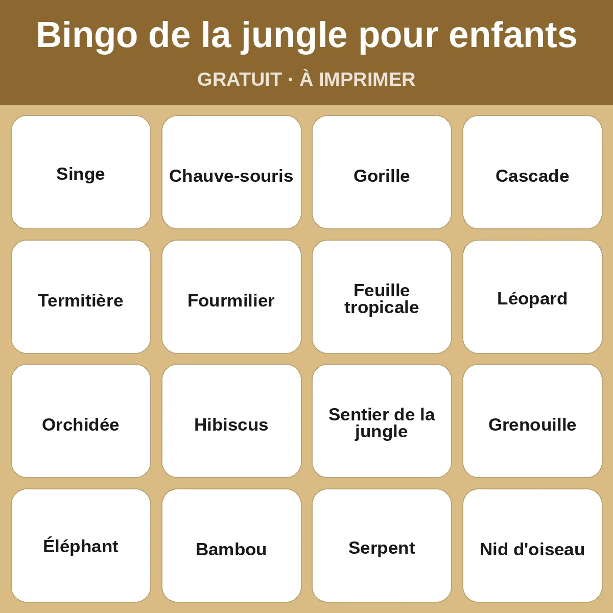 Bingo de la jungle pour enfants – bingo gratuit à imprimer pour enfants