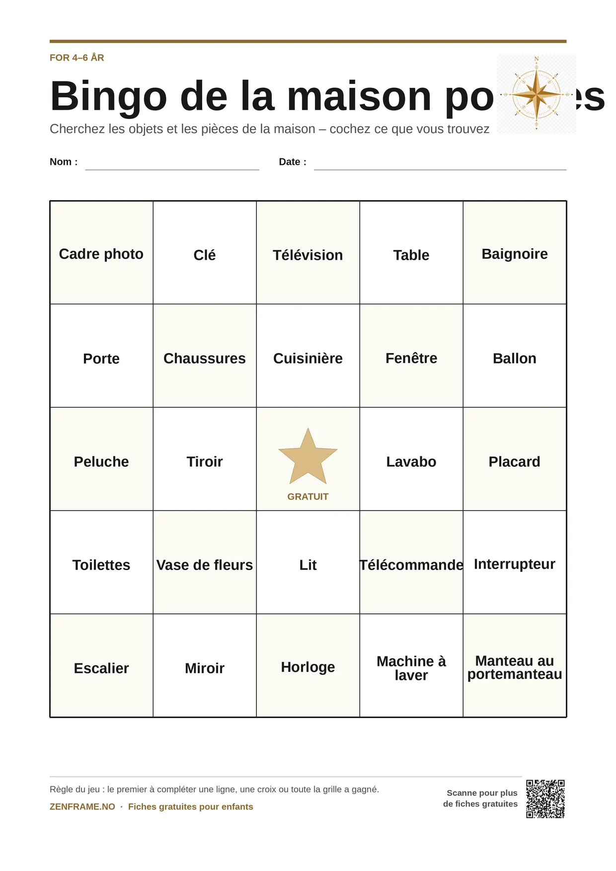 Bingo de la maison pour les enfants pour enfants 4–6 ans – planche A4 gratuite à imprimer
