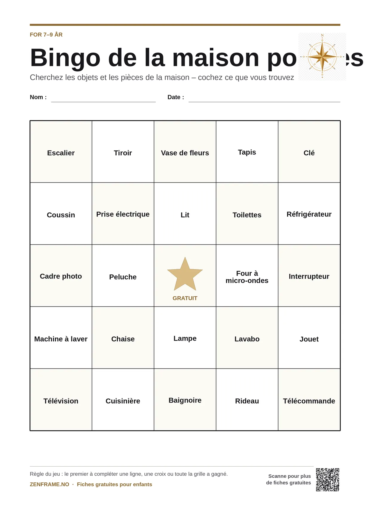 Bingo de la maison pour les enfants pour enfants 7–9 ans – planche A4 gratuite à imprimer