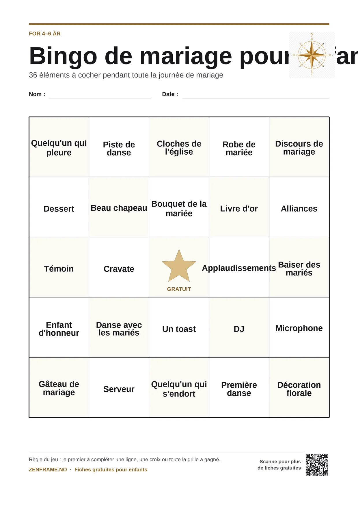 Bingo de mariage pour enfants 4–6 ans – planche A4 gratuite à imprimer