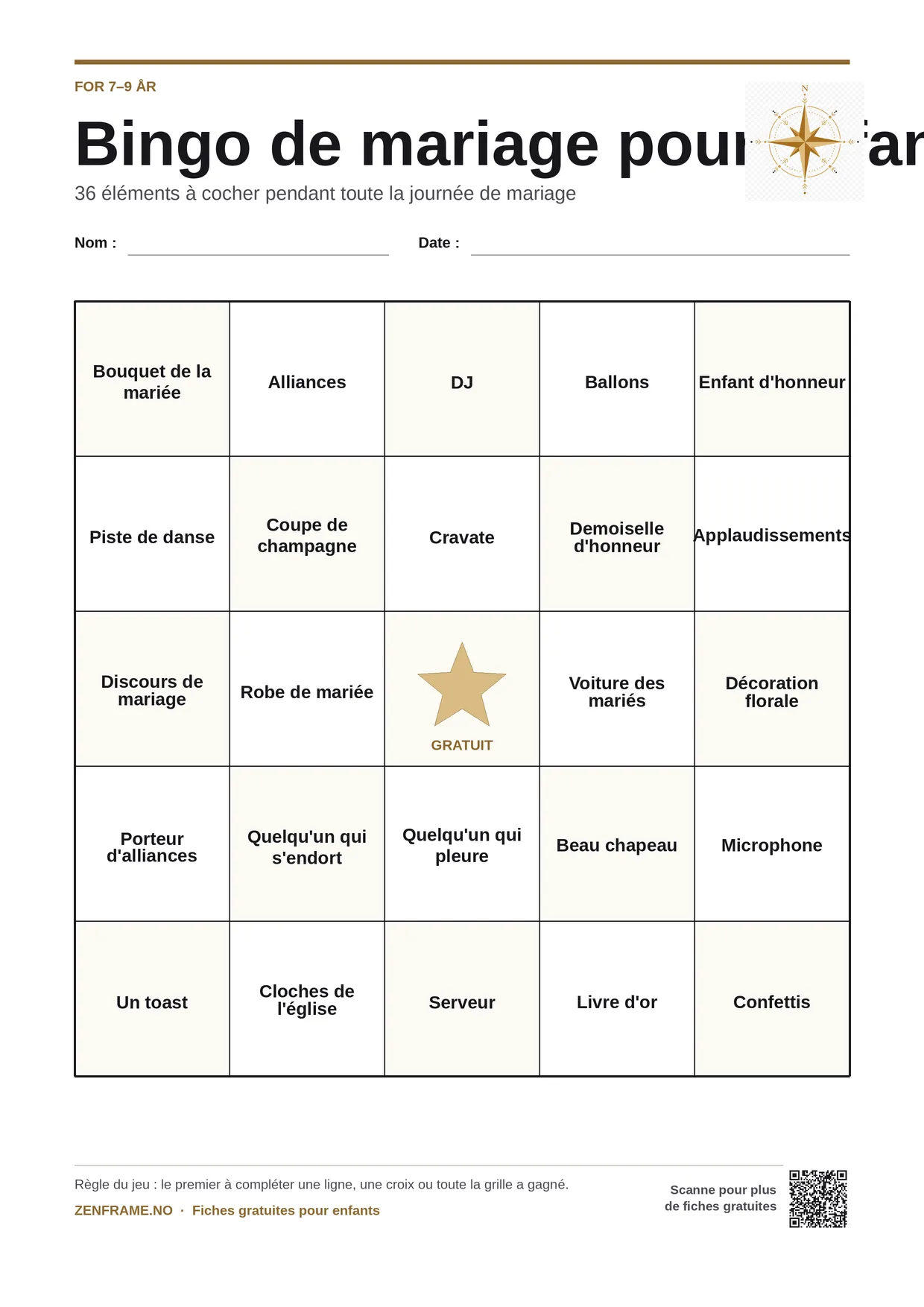 Bingo de mariage pour enfants 7–9 ans – planche A4 gratuite à imprimer
