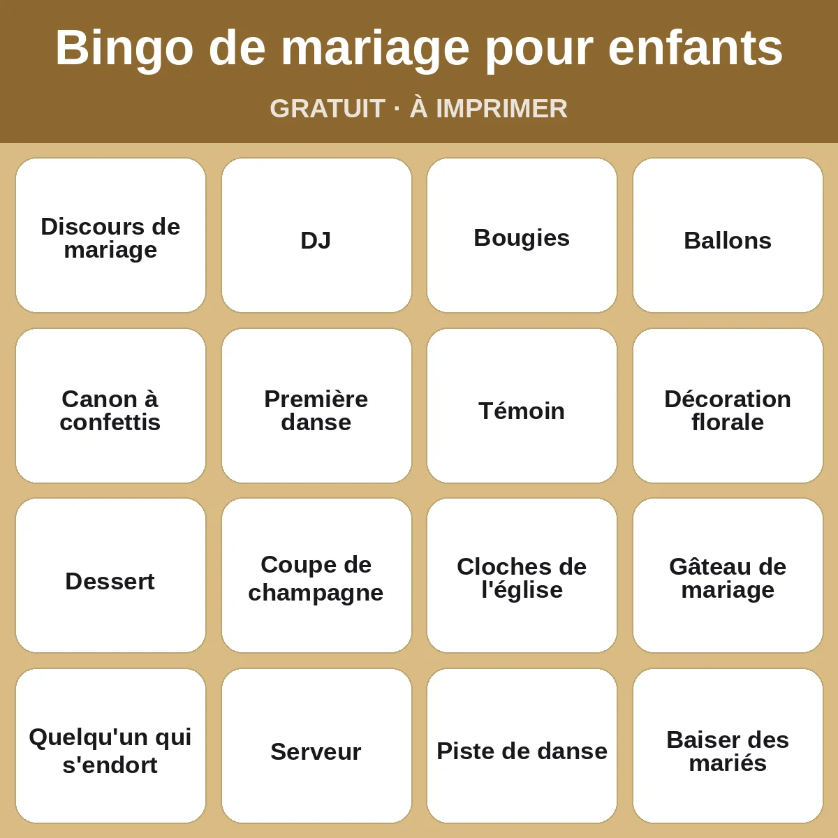 Bingo de mariage pour enfants – bingo gratuit à imprimer pour enfants