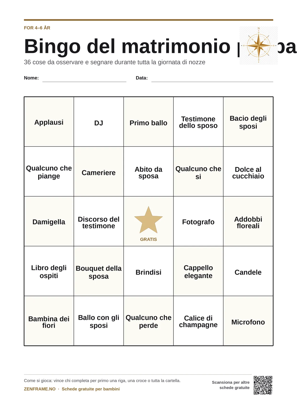 Bingo del matrimonio per bambini 4–6 anni – cartella A4 gratis da stampare