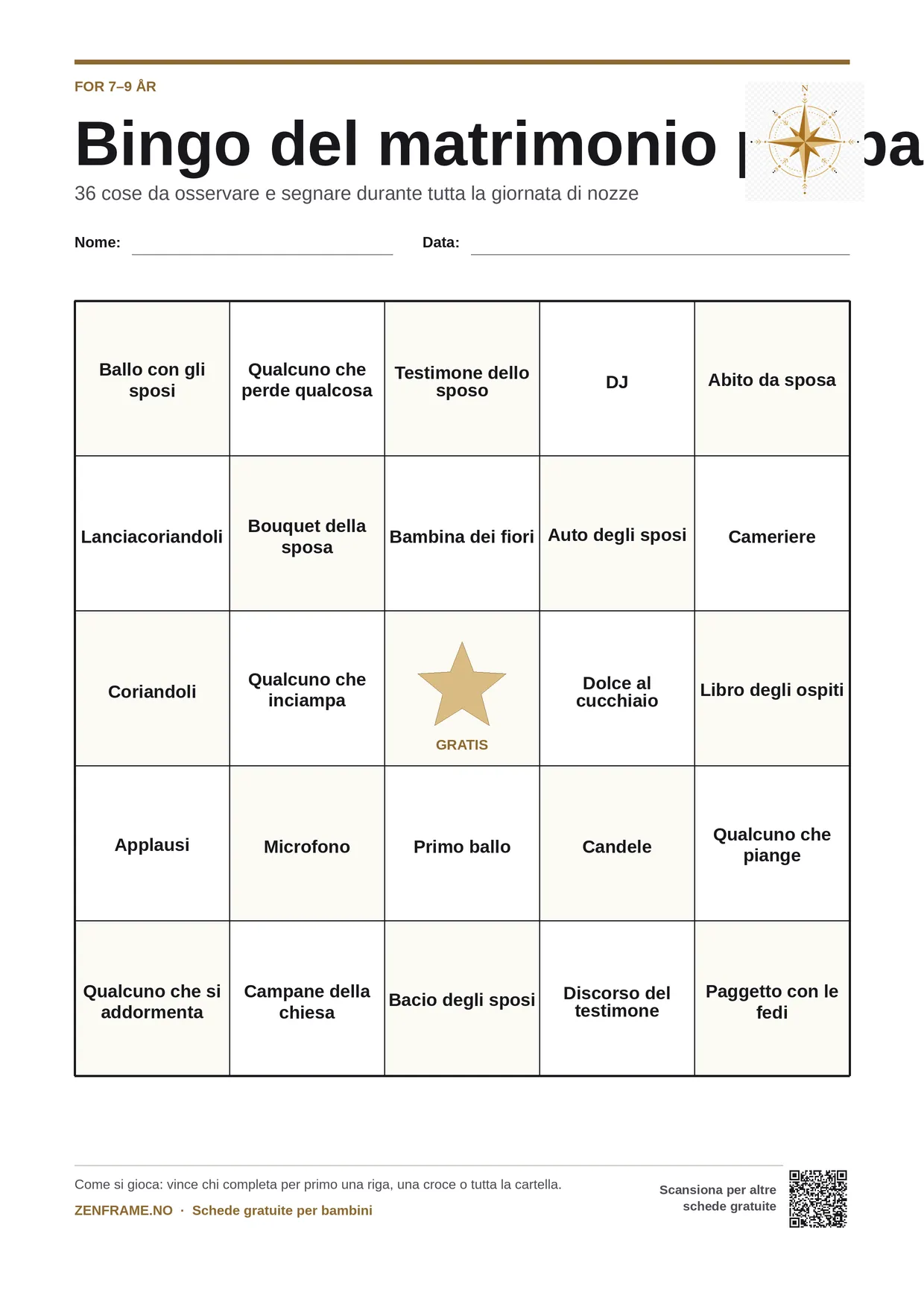 Bingo del matrimonio per bambini 7–9 anni – cartella A4 gratis da stampare