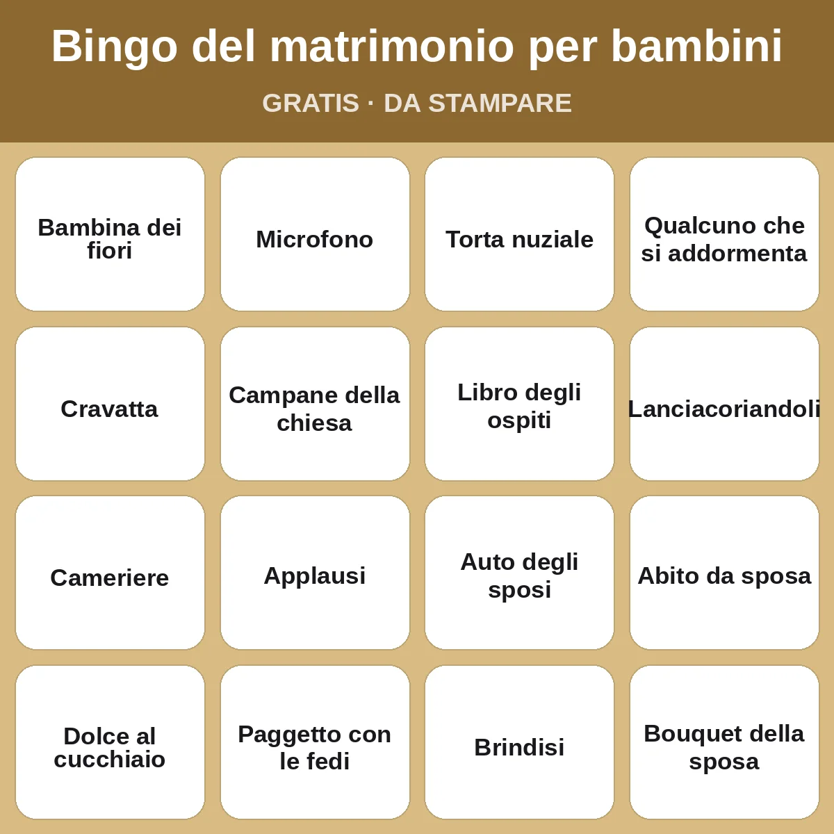 Bingo del matrimonio per bambini – bingo gratis da stampare per bambini