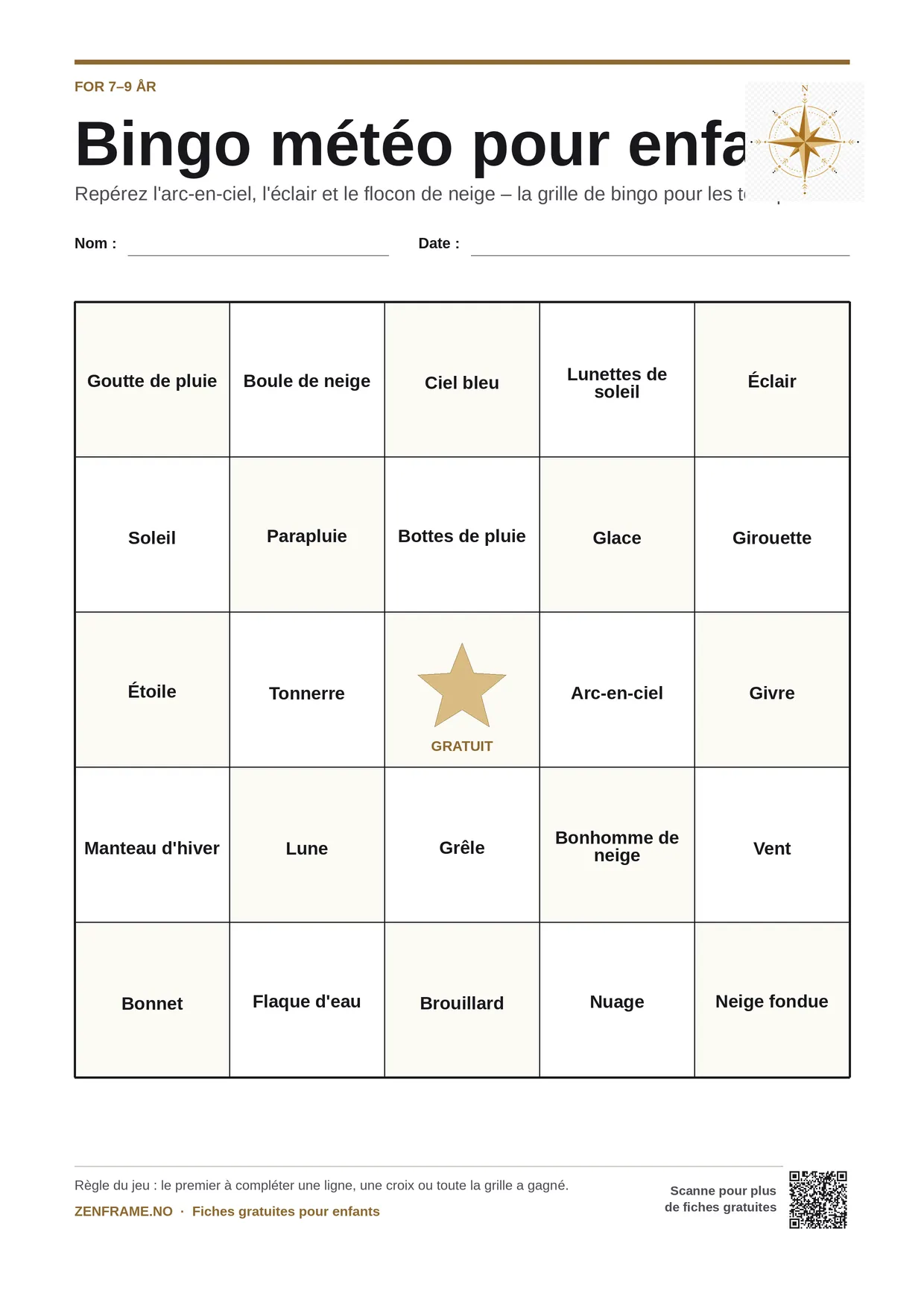 Bingo météo pour enfants 7–9 ans – planche A4 gratuite à imprimer