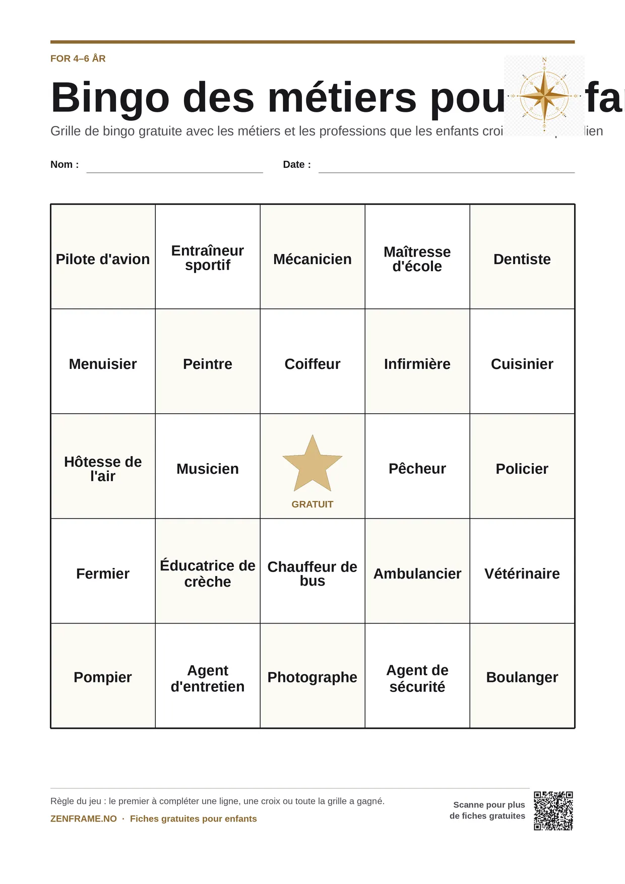 Bingo des métiers pour enfants 4–6 ans – planche A4 gratuite à imprimer