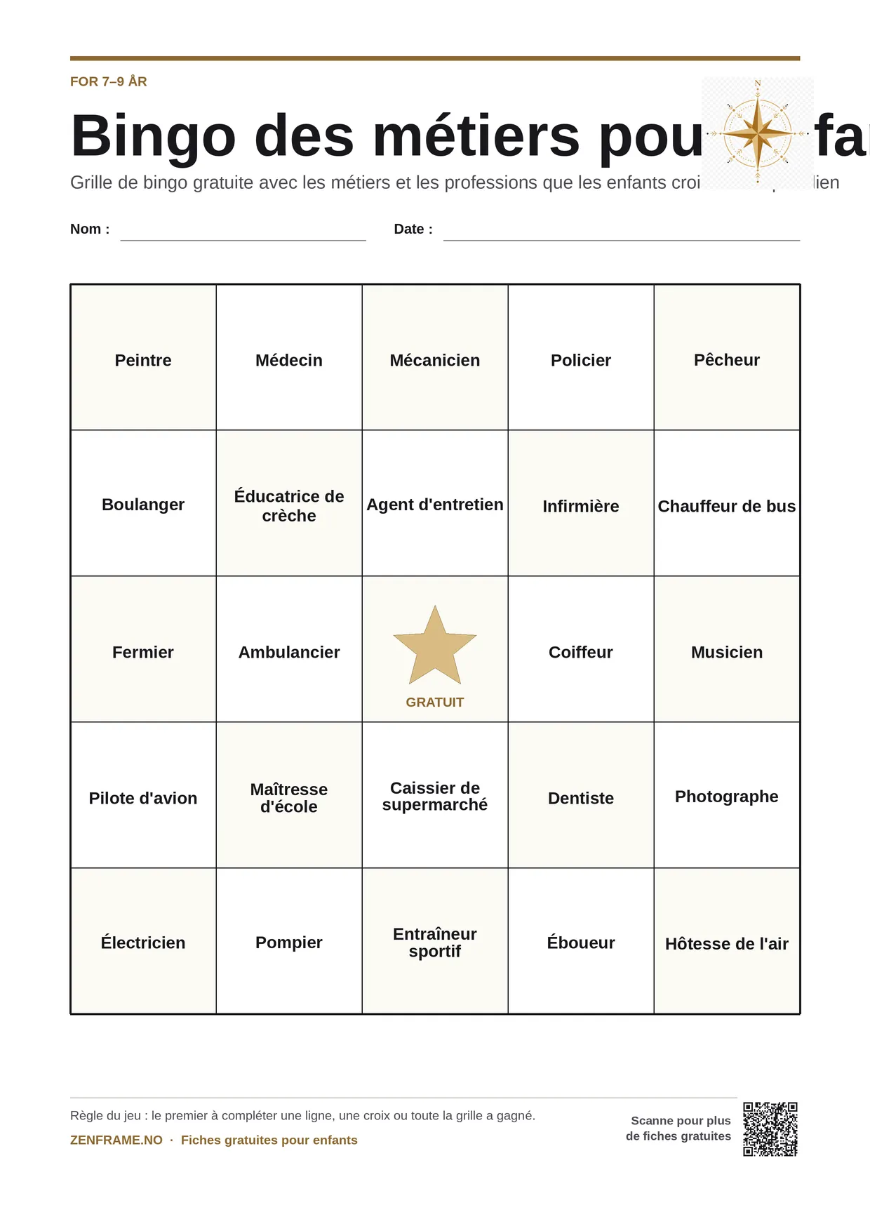 Bingo des métiers pour enfants 7–9 ans – planche A4 gratuite à imprimer