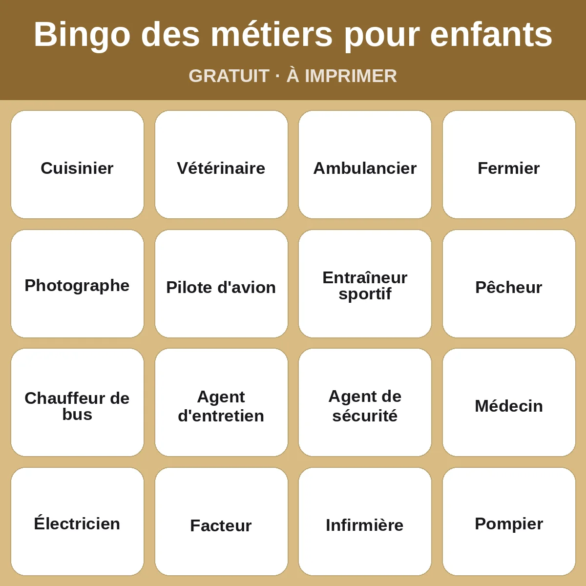 Bingo des métiers pour enfants – bingo gratuit à imprimer pour enfants