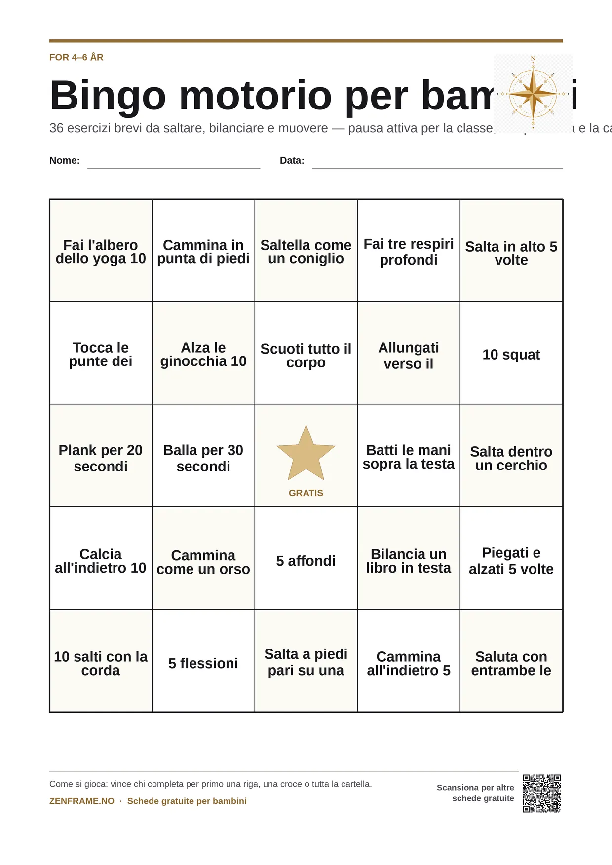 Bingo motorio per bambini 4–6 anni – cartella A4 gratis da stampare
