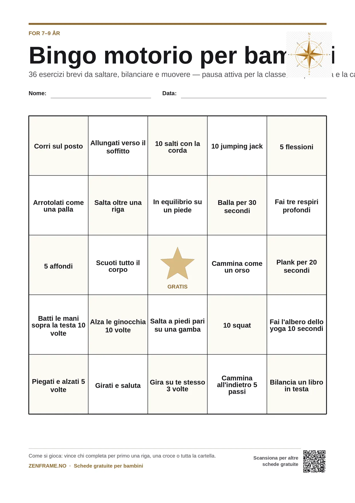 Bingo motorio per bambini 7–9 anni – cartella A4 gratis da stampare