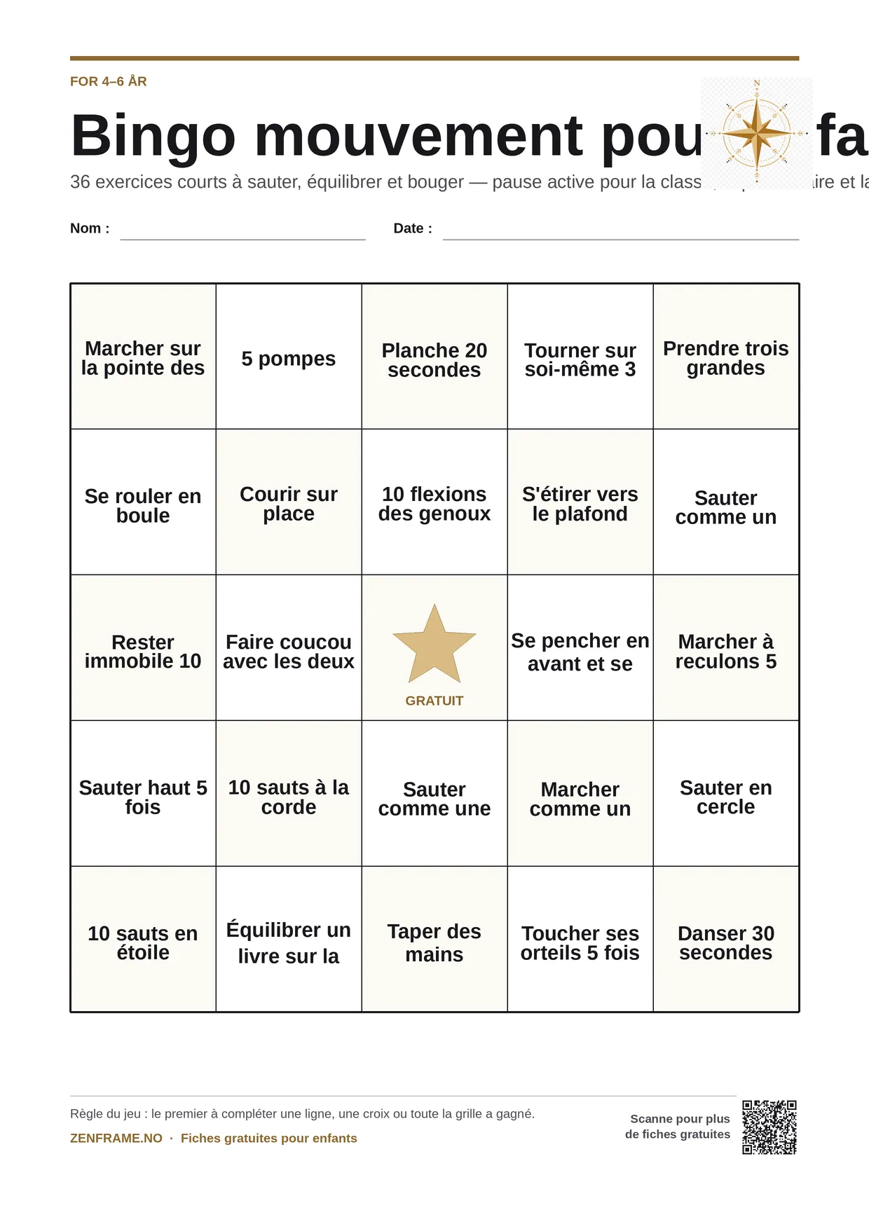 Bingo mouvement pour enfants 4–6 ans – planche A4 gratuite à imprimer