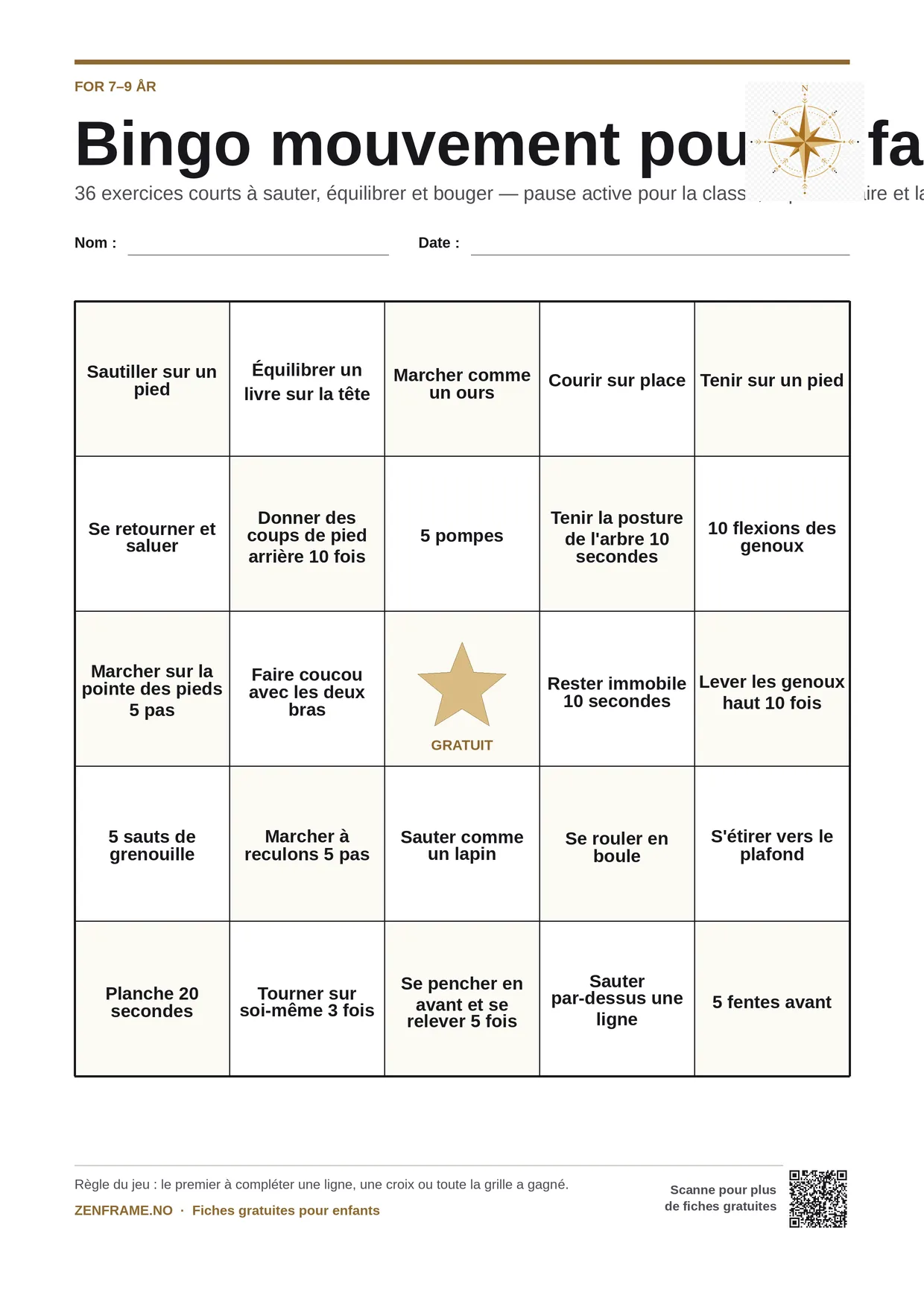 Bingo mouvement pour enfants 7–9 ans – planche A4 gratuite à imprimer