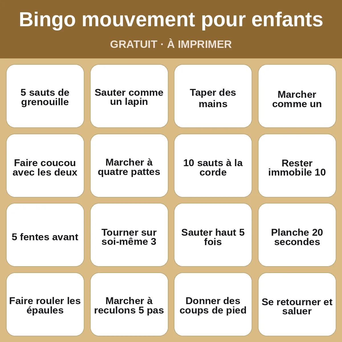 Bingo mouvement pour enfants – bingo gratuit à imprimer pour enfants
