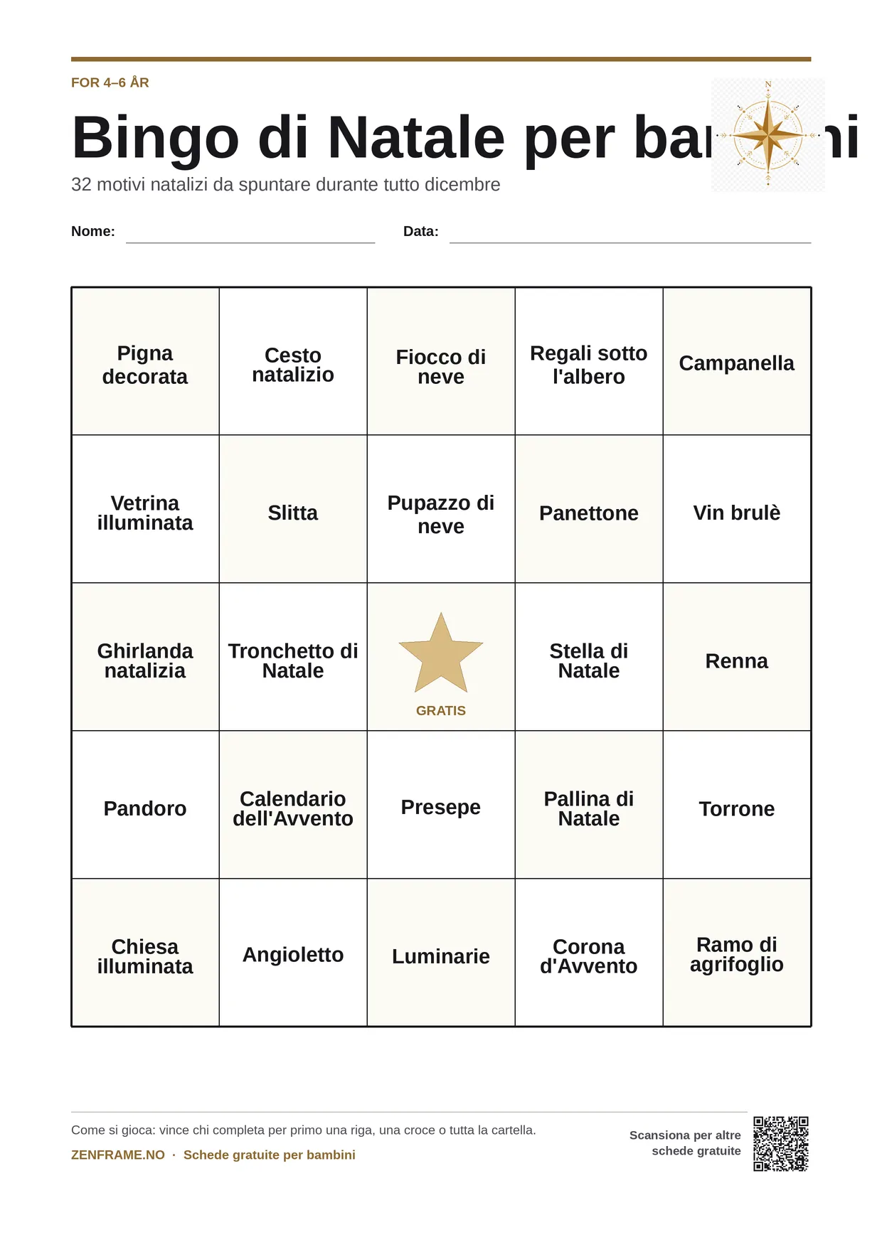 Bingo di Natale per bambini 4–6 anni – cartella A4 gratis da stampare