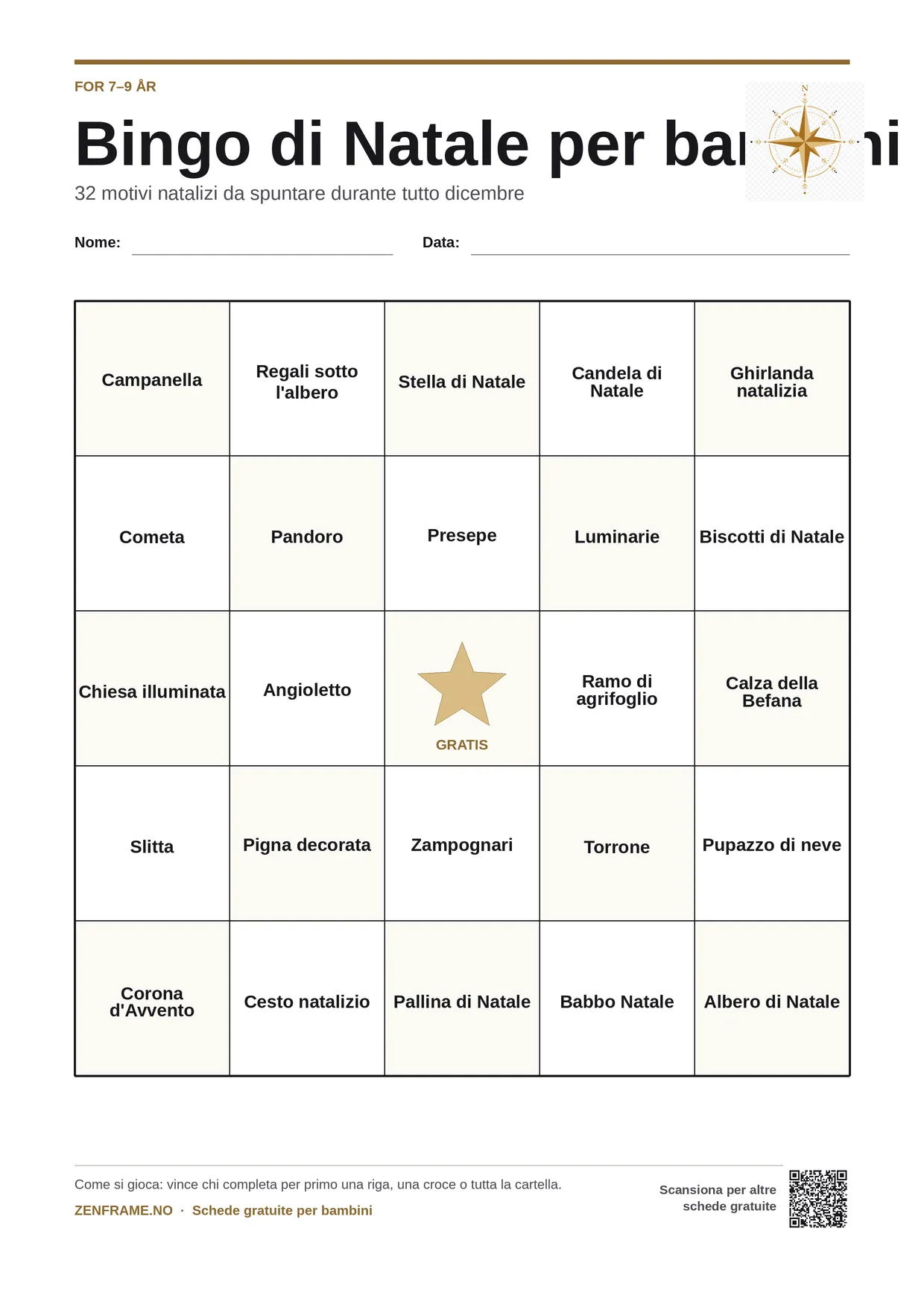 Bingo di Natale per bambini 7–9 anni – cartella A4 gratis da stampare
