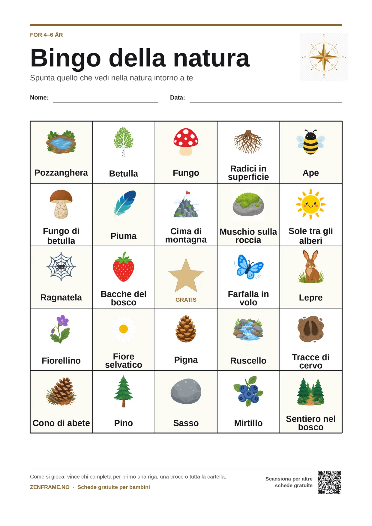 Bingo della natura per bambini 4–6 anni – cartella A4 gratis da stampare